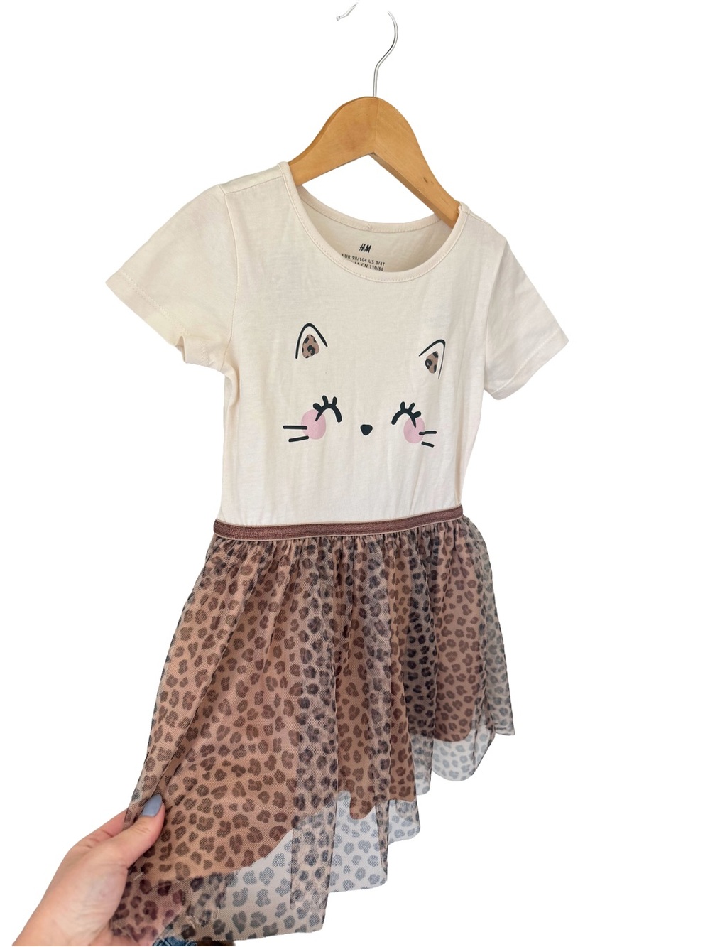 H&M Cream Cat Graphic Tee Dress with Leopard Tulle Skirt 3/4 years